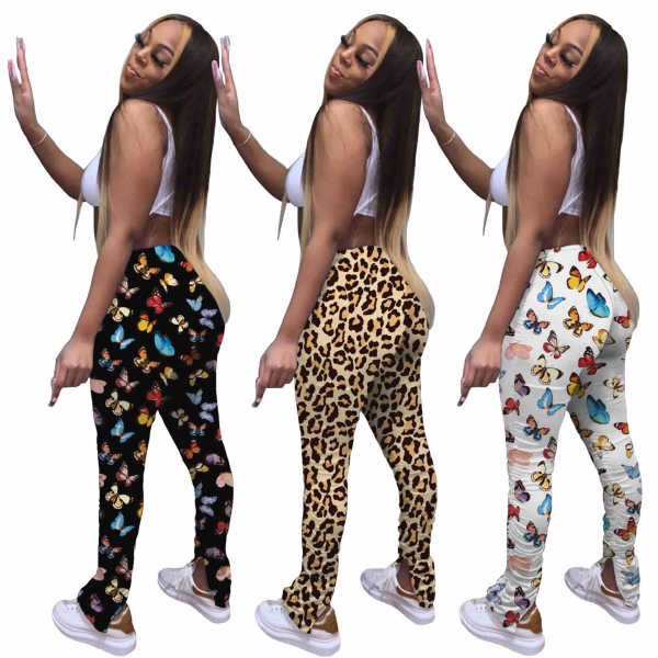 Casual pleated slit micro flared pants butterfly leopard print OFN63732
