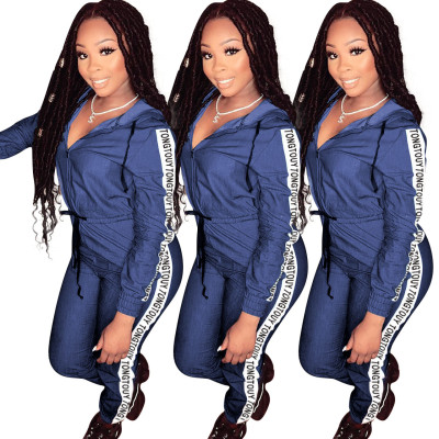 Slim Bodycon Hooded Letters Printing Jeans Jumpsuit ED8065