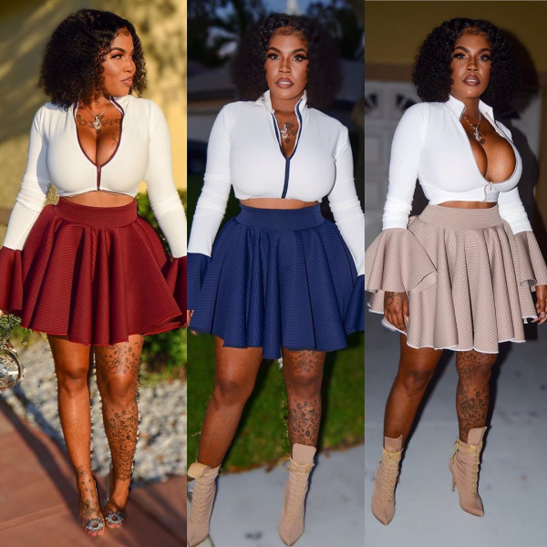 New Design Plus Size Casual Sets Zipper Crop Top Flounce Skirt S6183