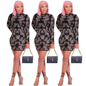 Cheap Shiny Geometric Pattern High Collar Wrap Dress CCY8243