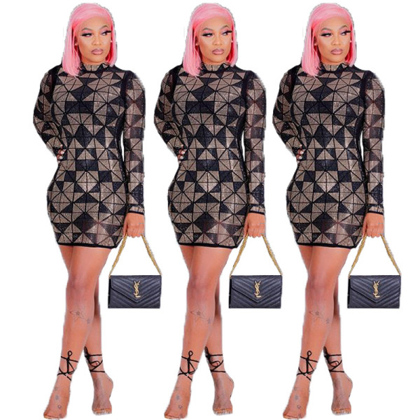 Cheap Shiny Geometric Pattern High Collar Wrap Dress CCY8243