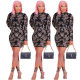 Cheap Shiny Geometric Pattern High Collar Wrap Dress CCY8243