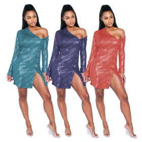 Sexy Glitter Sequins Long Sleeves Shirt Dress SMR9147