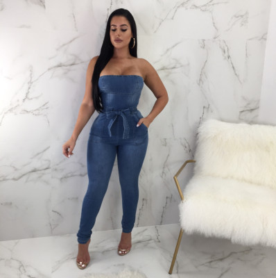 Women Strapless Demin Jumpsuits With Free Necklace QZ3106