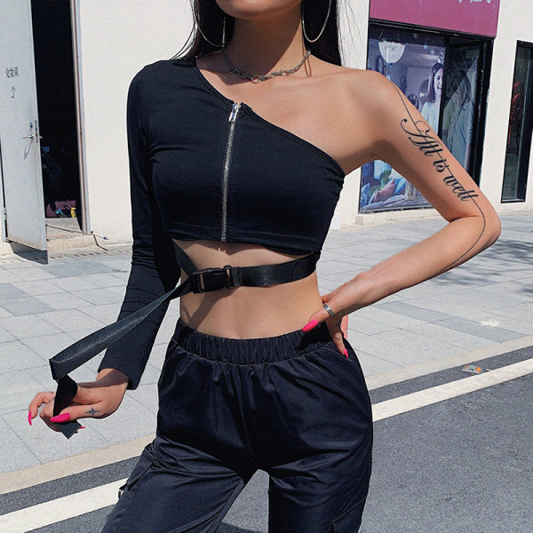 Women's Sexy One Shoulder Reflective Long Sleeve Top T1735555