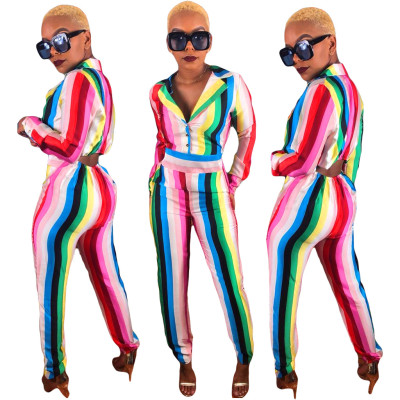 Striped Mid Waist Turn-Down Neck Colorful Jumpsuit AMM8077