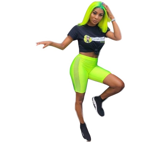 Short Sleeves Women T-Shirt Neon Green Bodycon Shorts FM6056