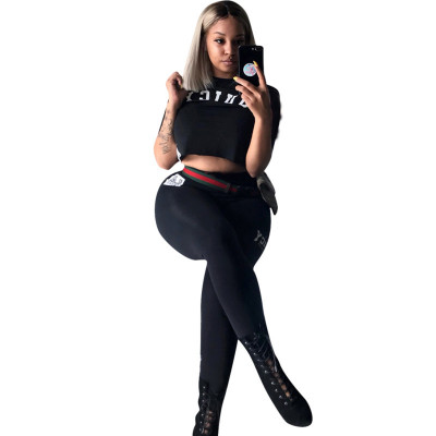 Sport Letters Printing 2 Pieces Suits Crop T-Shirt Women Leggings H873