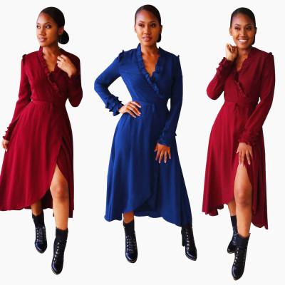 Fall Elegant Pure Color Long Sleeves Casual Ruffle Dress OEP6045