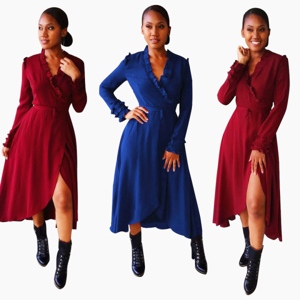Fall Elegant Pure Color Long Sleeves Casual Ruffle Dress OEP6045