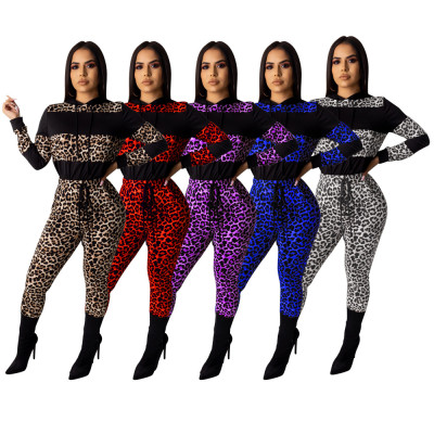 Stripe Patchwork Hoodie Tight Pants Leopard Print Lady Outfits N9176