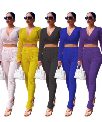 Fashion Solid Color Pleated V-Neck Long Sleeves Mini Top With Trousers Two Piece Set LY5849