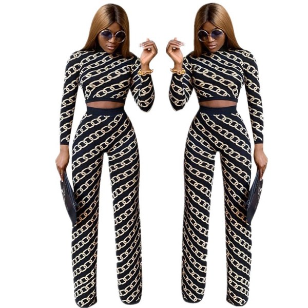 Long Sleeves Top Wide Leg Pants Hot Chain Pattern Sets YYZ626