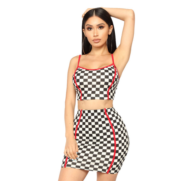 Casual Plaid Skirt Suits Condole Belt Tank Top Bodycon Short dress LM964