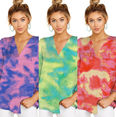 Fashion Tie Dye Printed V-Neck Long Sleeve Loose T-Shirt MD371