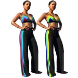 Colorful Stripe Newest Suits Strappy Bra Top Wide Leg Pants QQM3963