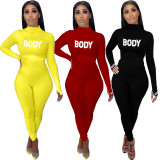 Casual Letter Printed High Neck Long Sleeves Bodycon Jumpsuit YT3237