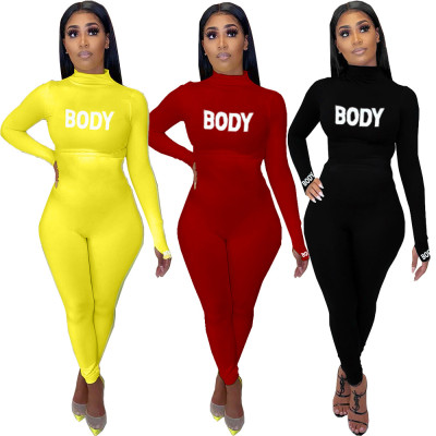 Casual Letter Printed High Neck Long Sleeves Bodycon Jumpsuit YT3237