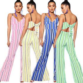 Striped Print Strapy Wide Leg Jumpsuits WY6449