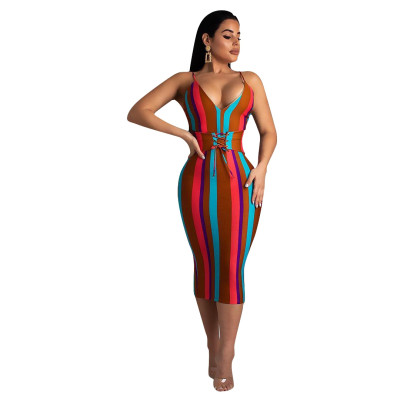 Strappy Colorful Striped Midi Dress W8158