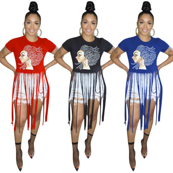 Wholesale Online Tassel Patchwork Printing Casual T-Shirt OEP6035