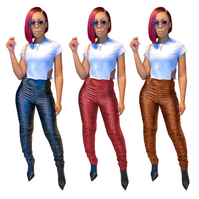 Fashion Solid Color Pleated PU Leather Bodycon Pants W8325
