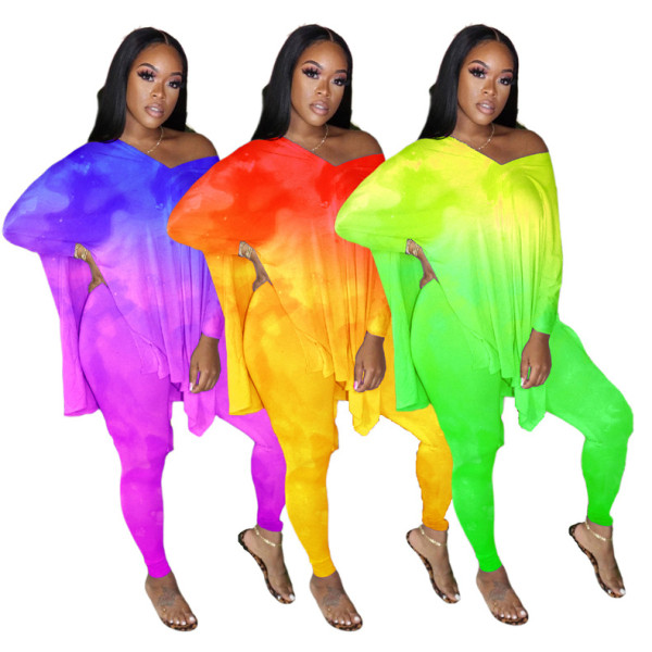 Women's color contrast gradient color front and back V-neck two-piece set TY1853