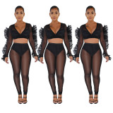 Mesh Perspective Sexy Outfits Ruffle Bandage Crop Top Black Slim Pants Q364