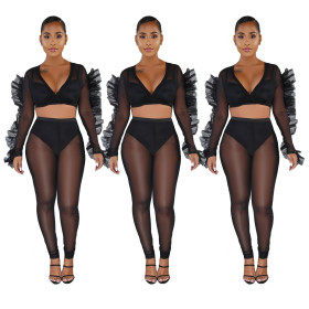 Mesh Perspective Sexy Outfits Ruffle Bandage Crop Top Black Slim Pants Q364