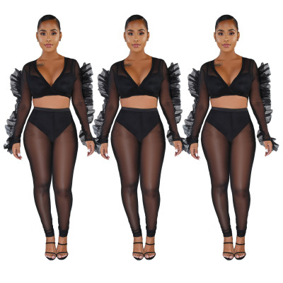 Mesh Perspective Sexy Outfits Ruffle Bandage Crop Top Black Slim Pants Q364