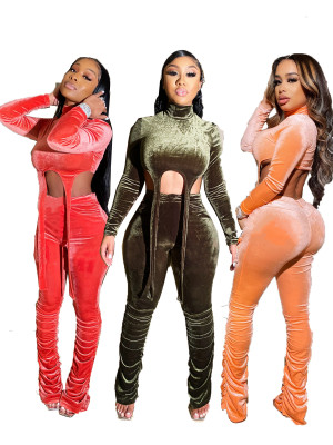 Women's high collar umbilical strap tops pleated pants legs two sets WA5125