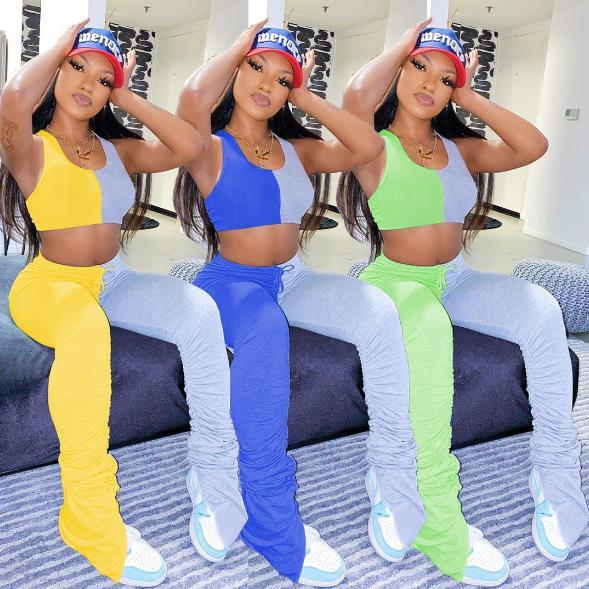 Fashion stitching trousers unilateral pleated split slit slim vest trousers sports two pieces SM9093