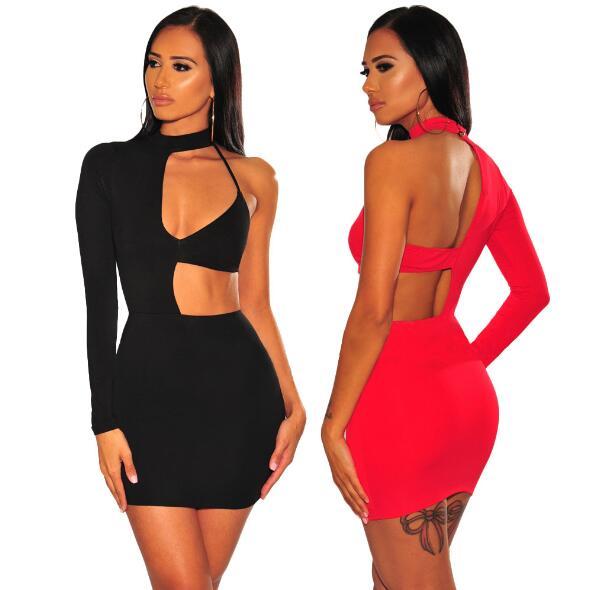 Solid Color Sexy Irregular Cutout Long Sleeve Dress Women FM1021