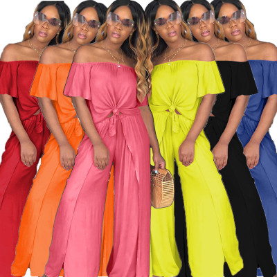Dew Shoulder Solid Top Split Wide Leg Pants AMM8034