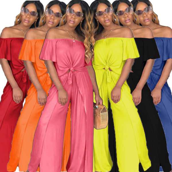 Dew Shoulder Solid Top Split Wide Leg Pants AMM8034