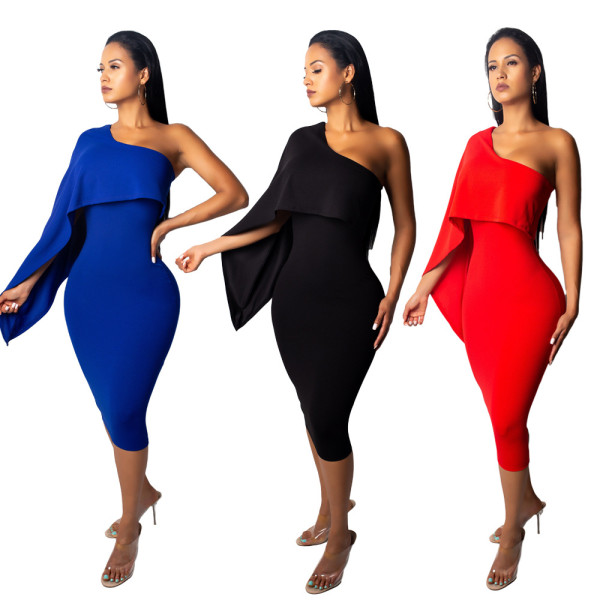 Fashion Irregular Oblique Shoulder Bodycon Wrap Dress CY1076
