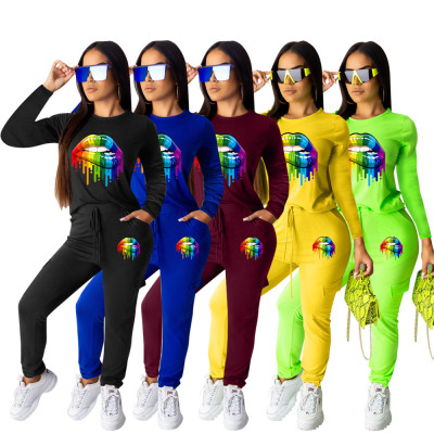 New Arrival Autumn Lip Printing Slim Long Style Track Suits ZH5111
