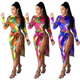 Sexy Tie Dye Printed Round Neck Long Sleeves Drawstring Split Midi Dress MG1027