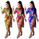 Sexy Tie Dye Printed Round Neck Long Sleeves Drawstring Split Midi Dress MG1027