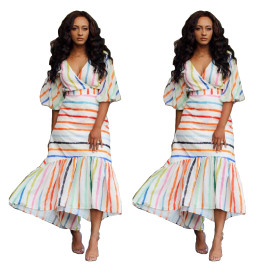 Casual Irregular Colorful V Neck Half Sleeved Stripe Dress SC606