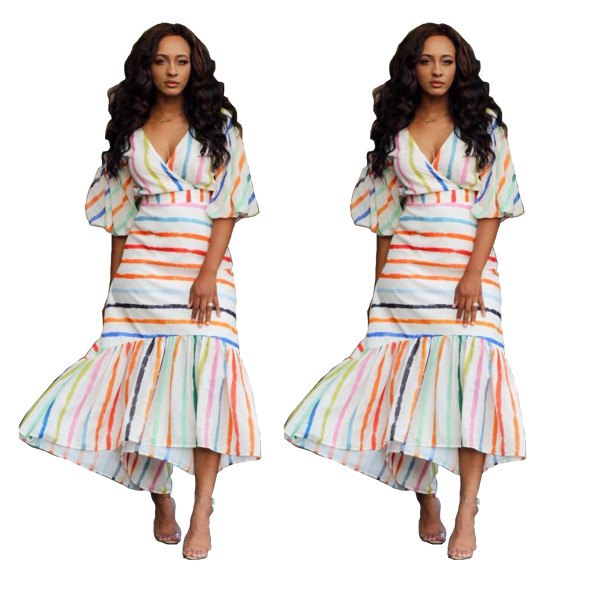 Casual Irregular Colorful V Neck Half Sleeved Stripe Dress SC606