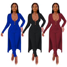 Fashion Solid Color Long Sleeves Strappy Midi Cradigan With Trousers Two Piece Set W8327