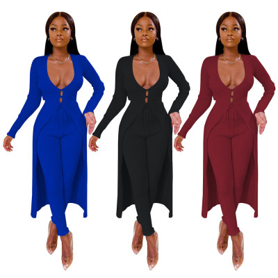 Fashion Solid Color Long Sleeves Strappy Midi Cradigan With Trousers Two Piece Set W8327