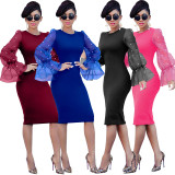 Mesh Patchwork Beading Flare Sleeve Bodycon Midi Dresses LA3050