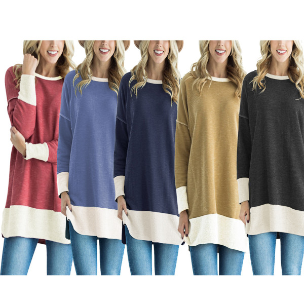 Long Style Contrast Color Round Neck Women T-Shirt TRS709