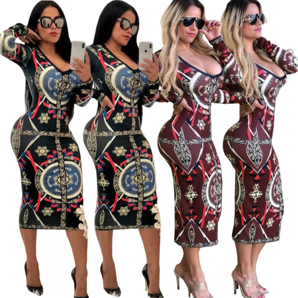 Slim Bodycon Printing V Collar Midi Dress GL6088