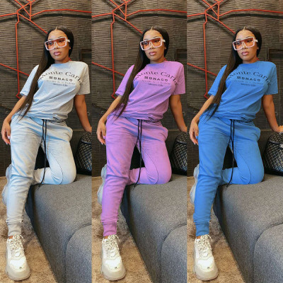 Solid color short sleeve drawstring two-piece suit TC015