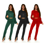 Casual Solid Color Zipper Long Sleeves Hooded Mini Cardigan With Split Trousers Pleated Two Piece Se