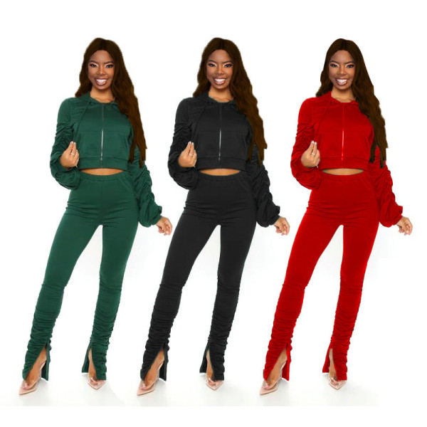 Casual Solid Color Zipper Long Sleeves Hooded Mini Cardigan With Split Trousers Pleated Two Piece Se