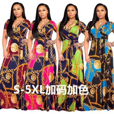 Plus Size Elegant Printing V Neck Maxi Dress With Belt X9120